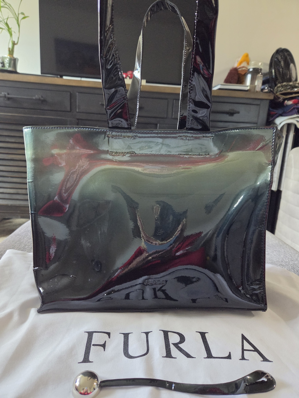 Furla Womens Green and Black Patent Tote Bag